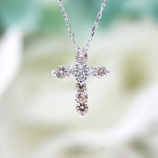 ネックレス プラチナ PT900 クロス モチーフ 0.2ct ブラウンダイヤ 