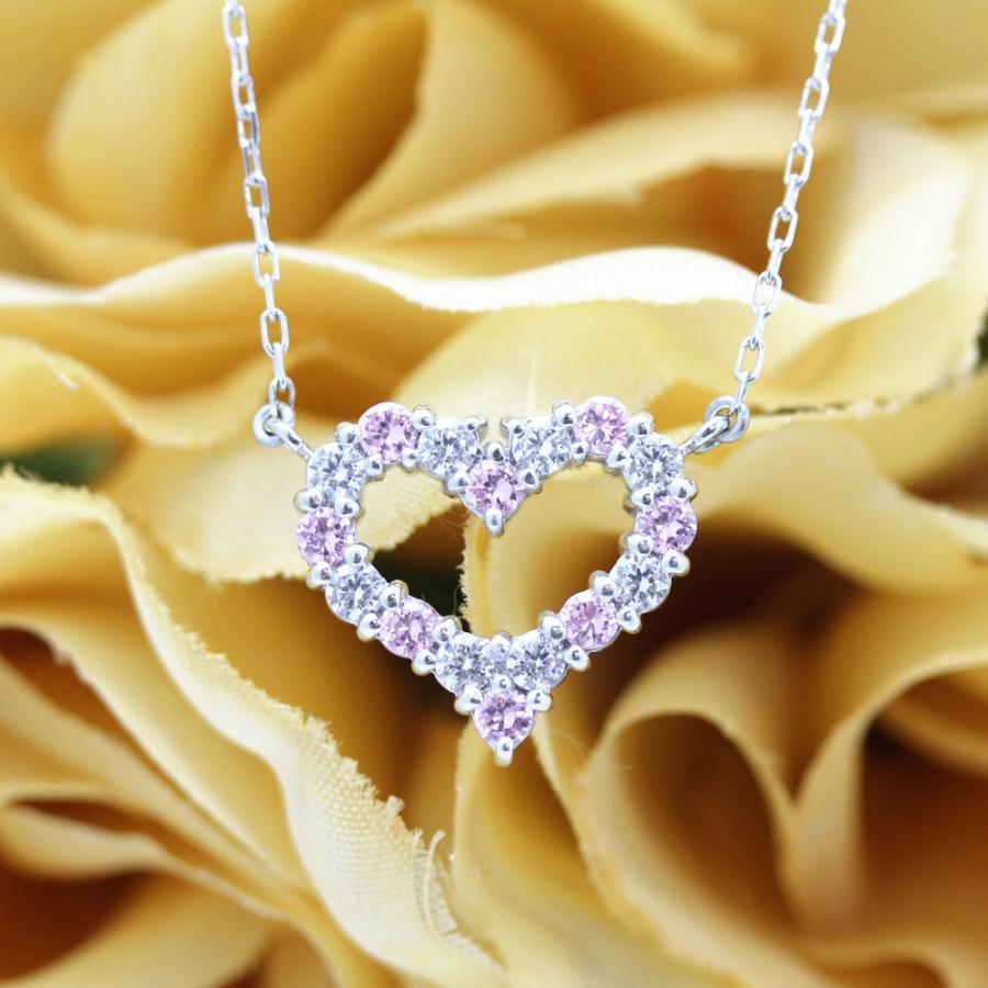 ネックレスPT900  プラチナ ハート 0.32ct ダイヤモンド ピンクサファイア ペンダント レディース 両吊り チェーン 直付け 爆買の画像