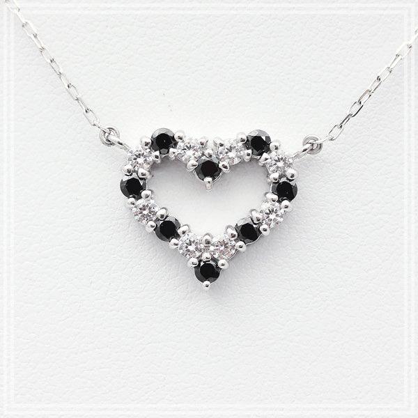 ネックレス PT900  プラチナ ハート 0.65ct ダイヤ ブラックダイヤ ペンダント レディース 両吊り チェーン 直付け 爆買の画像