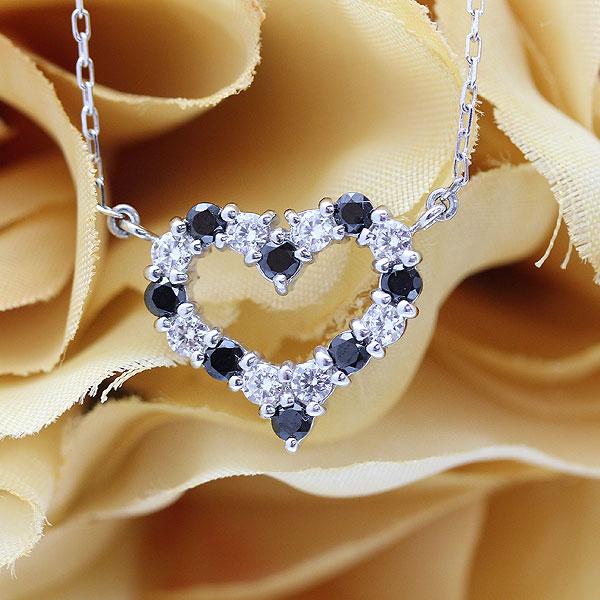 ネックレス PT900  プラチナ ハート 0.65ct ダイヤ ブラックダイヤ ペンダント レディース 両吊り チェーン 直付け 爆買の画像