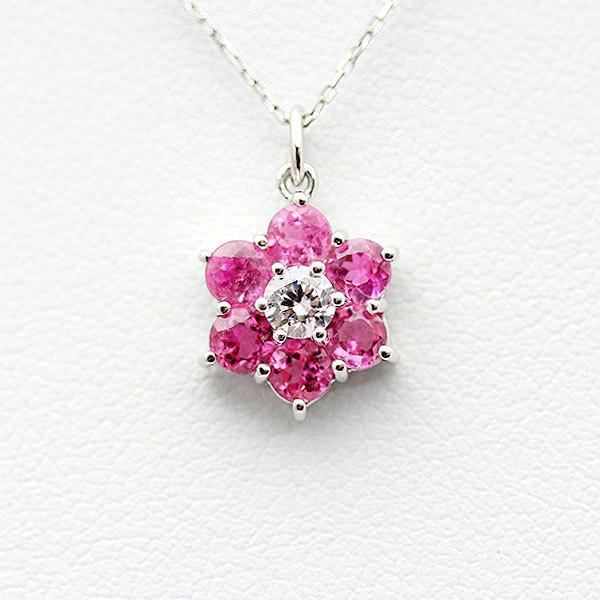 ネックレス K18WG ピンクトルマリン ダイヤモンド 0.12ct 18金 ホワイトゴールド フラワー 花 ペンダント プレゼント 爆買の画像