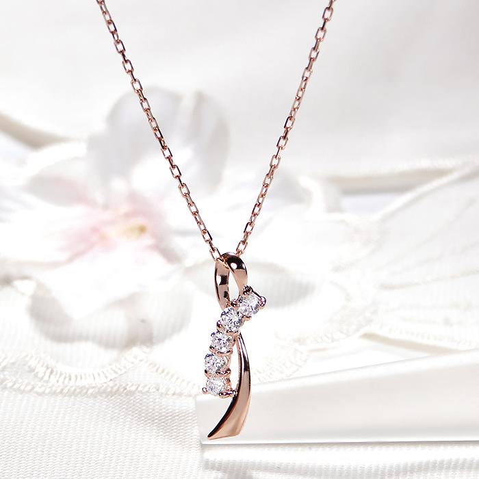 K18PG ネックレス ダイヤモンド 0.20ct 18金 ピンクゴールド リボン 