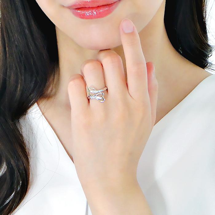 指輪 コンビ PT900 K18YG 刻印無料 ダブルハート ダイヤ レディース  