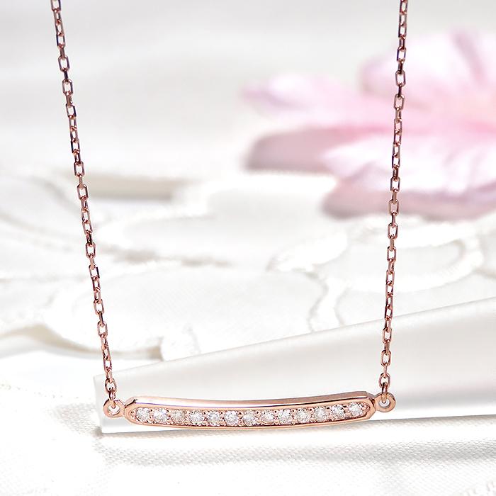 ダイヤモンド 0.13ct ラインネックレス K18PG ピンクゴールド シンプル カーブ ペンダント 爆買の画像