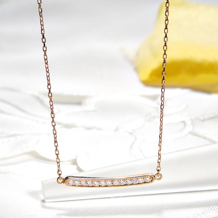 ダイヤモンド 0.13ct ラインネックレス K18YG イエローゴールド シンプル カーブ ペンダント 爆買の画像