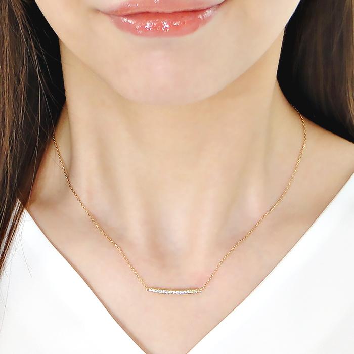 ダイヤモンド 0.13ct ラインネックレス K18YG イエローゴールド シンプル カーブ ペンダント 爆買の画像