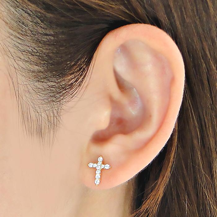 ピアス ダイヤモンド 0.27ct K18YG イエローゴールド クロス 十字架
