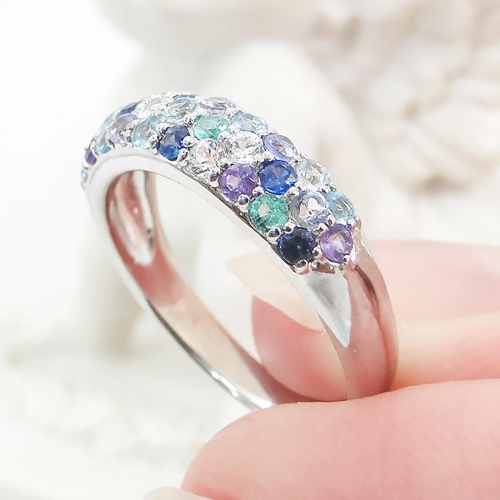 指輪 プラチナ PT900 レディース リング 花畑 サファイア タンザナイト アメジスト マルチカラー ブルー系 カラフル フラワー パヴェ カラーストーン 爆買の画像