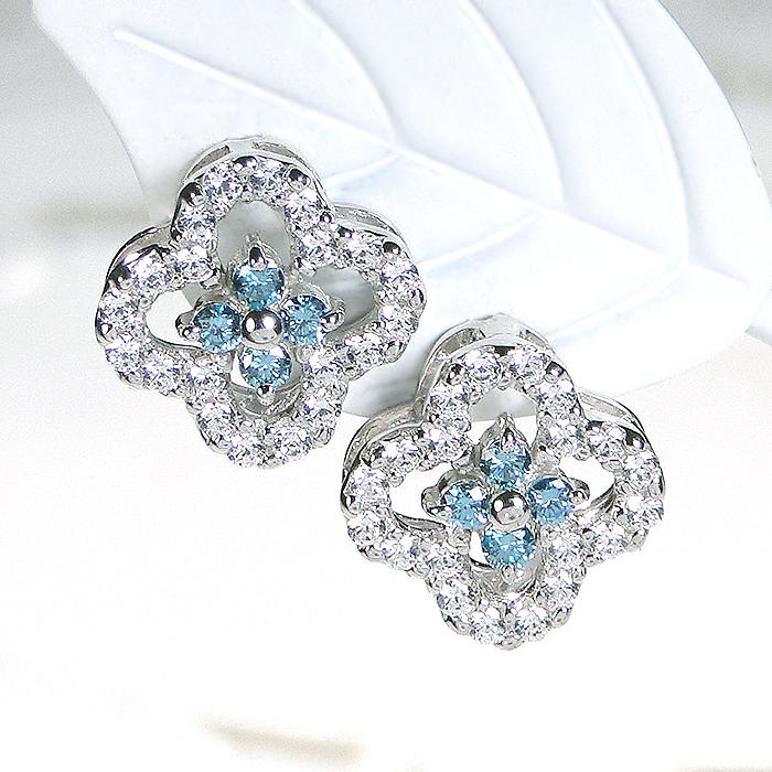 ピアス プラチナ PT900 ブルーダイヤ ダイヤモンド 0.8ct 四つ葉 