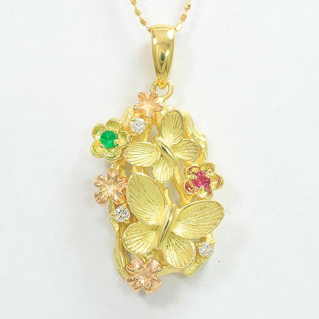 蝶/フラワー ダイヤモンド 計0.075ct/エメラルド/ルビー ネックレス  