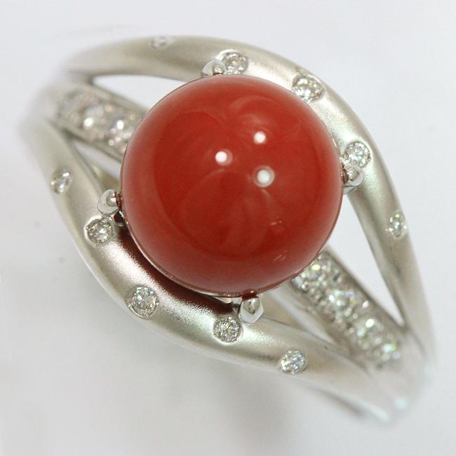 珊瑚 サンゴ(充填)/ダイヤモンド 計0.18ct リング 15号 プラチナ(Pt900 