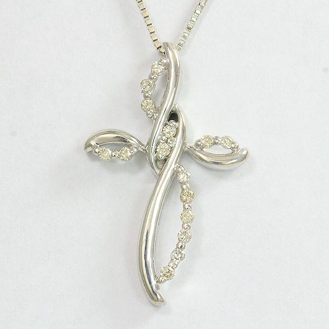 クロス ダイヤモンド 計0.10ct ネックレス 14金ホワイトゴールド(K14WG 