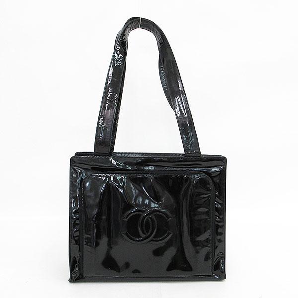 【傷有】CHANEL エナメルバック シャネル ココマーク トートバッグ エナメル 黒 デカココ CHANEL