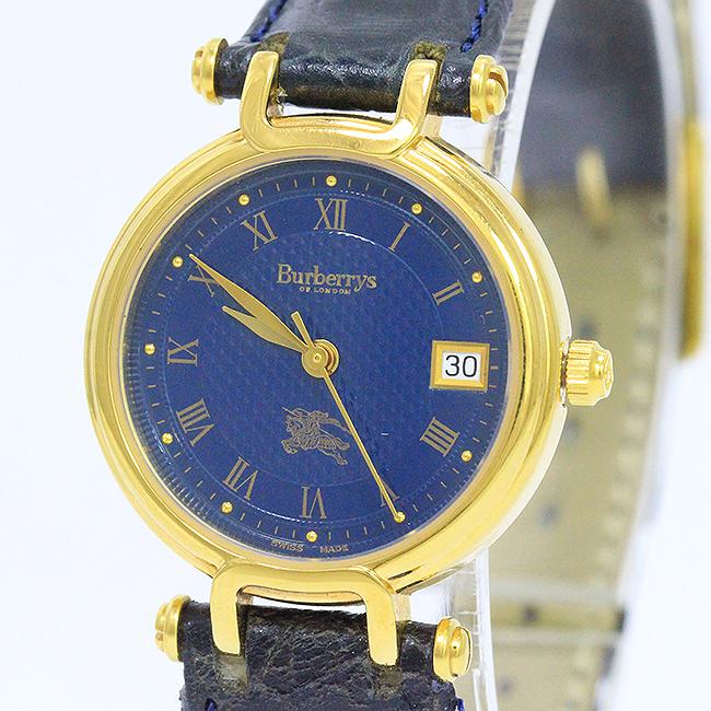 稼動品　Burberry バーバリー デイト　人気文字盤　腕時計　レディース BURBERRY(バーバリー) デイト 青文字盤 GP クォーツ レディース 【中古