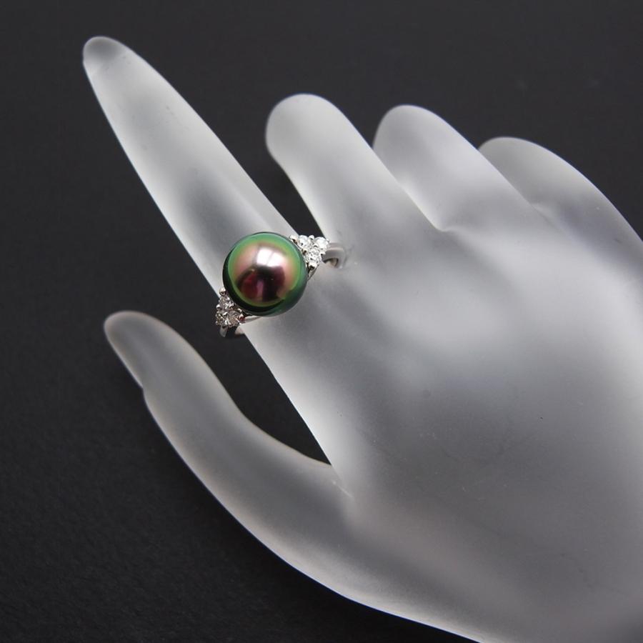 オーロラピーコック 黒蝶真珠 ダイヤモンド リング 9.5mm 0.18ct 10号