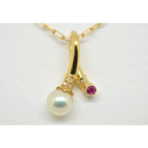 K18 イエローゴールド ネックレスペンダントトップ アコヤ真珠8.4mm ルビー0.14ct ダイヤモンド0.025ct 50cm