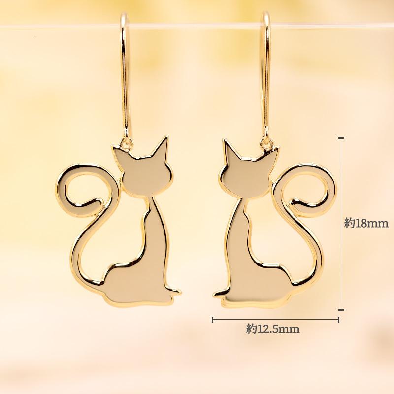 K10 YG/WG/PG 猫 シルエット ピアス 10金 K10 両耳 プレゼント ギフト かわいい おしゃれ ねこ ゴールドカラーは選べる おすわりの画像