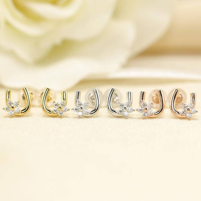 K10 YG/WG/PG ダイヤモンド  0.10ct Hカラークラス/SIクラス 馬蹄 小花 モチーフ ピアス ホースシュー ゴールド 10金 ダイヤ カラーは選べる プレゼント 両耳の画像