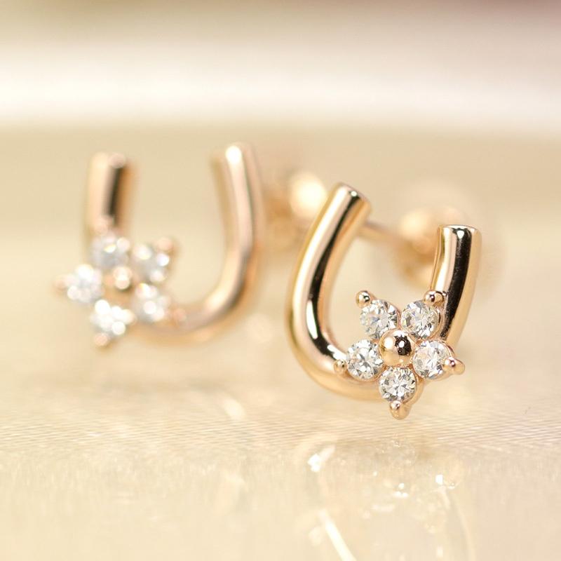 K10 YG/WG/PG ダイヤモンド  0.10ct Hカラークラス/SIクラス 馬蹄 小花 モチーフ ピアス ホースシュー ゴールド 10金 ダイヤ カラーは選べる プレゼント 両耳の画像