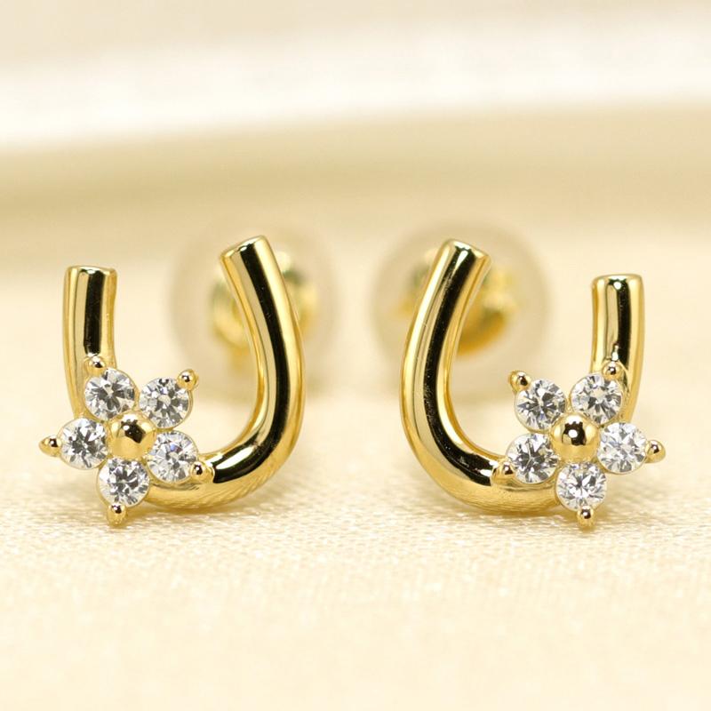 K10 YG/WG/PG ダイヤモンド  0.10ct Hカラークラス/SIクラス 馬蹄 小花 モチーフ ピアス ホースシュー ゴールド 10金 ダイヤ カラーは選べる プレゼント 両耳の画像