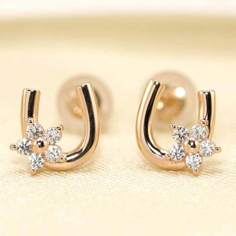 K10 YG/WG/PG ダイヤモンド  0.10ct Hカラークラス/SIクラス 馬蹄 小花 モチーフ ピアス ホースシュー ゴールド 10金 ダイヤ カラーは選べる プレゼント 両耳の画像