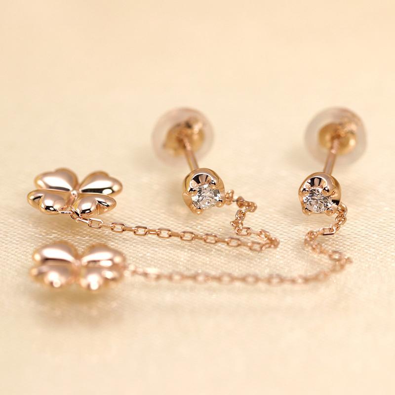 K10 YG/WG/PG ダイヤモンド  0.08ct Hカラークラス/SIクラス クローバー モチーフ ピアス 四葉 幸運 ゴールド 10金 ダイヤ カラーは選べる プレゼント 両耳の画像