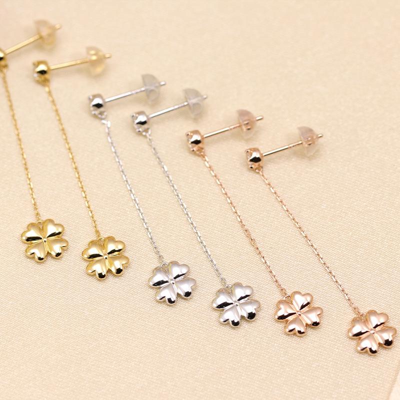 K10 YG/WG/PG ダイヤモンド  0.08ct Hカラークラス/SIクラス クローバー モチーフ ピアス 四葉 幸運 ゴールド 10金 ダイヤ カラーは選べる プレゼント 両耳の画像