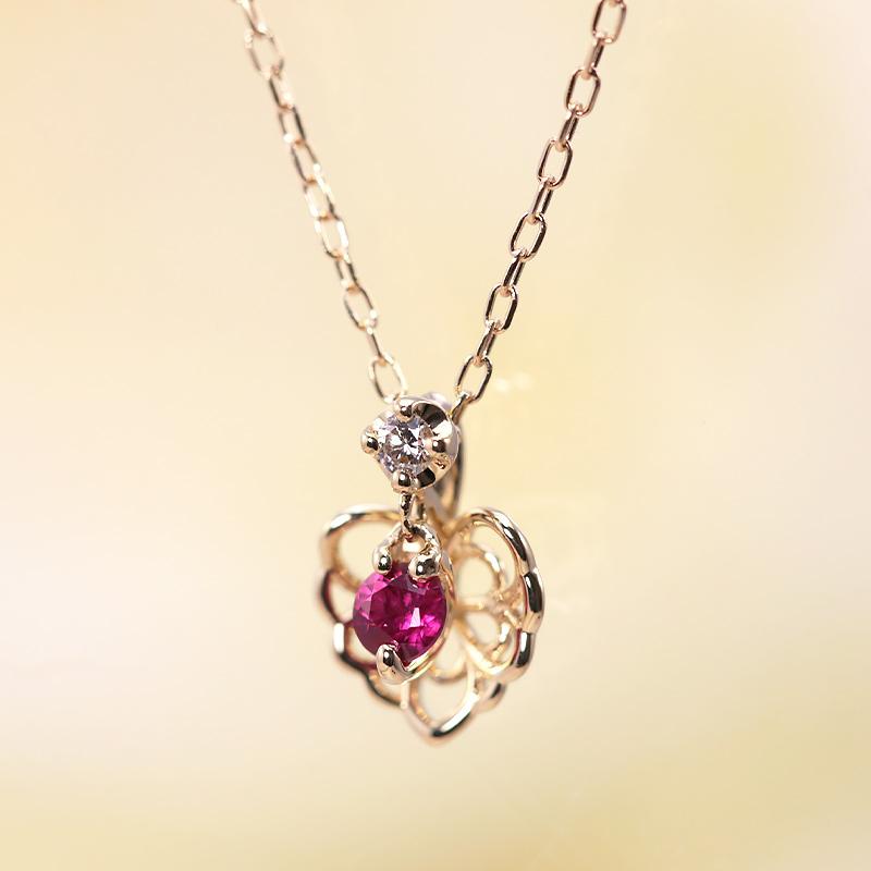 K18YG/WG/PG ルビー 1p ダイヤモンド 0.01ctUP【Hカラークラス/SIクラス】天然石 ペンダント ネックレス 18金 ゴールドの画像