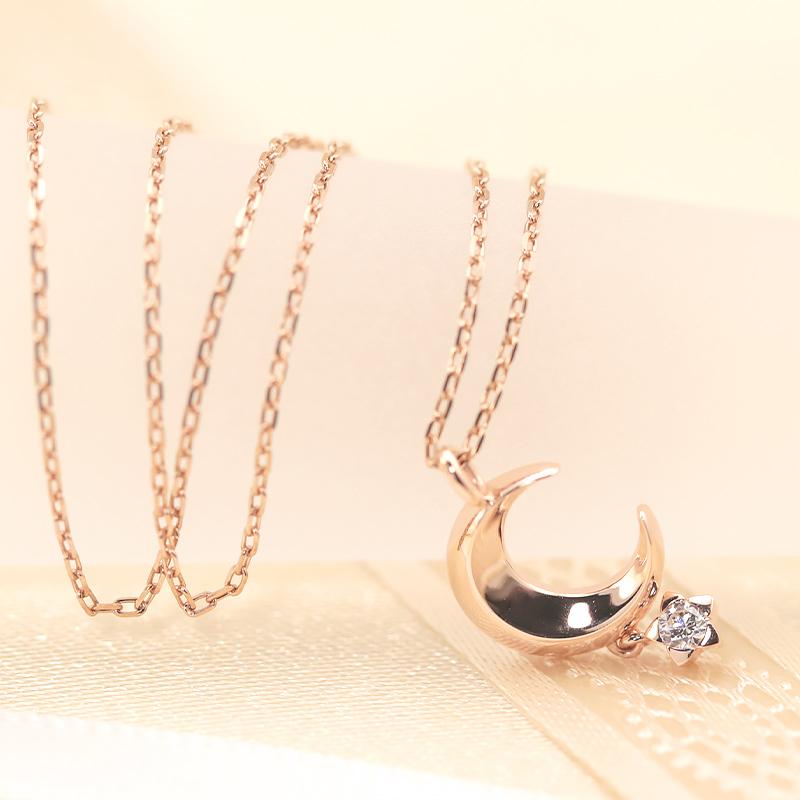 K18YG/WG/PG ダイヤモンド 0.03ct 【Hカラークラス/SIクラス】ペンダント ネックレス 18金 ゴールド ムーン 月 三日月 選べる3カラーの画像