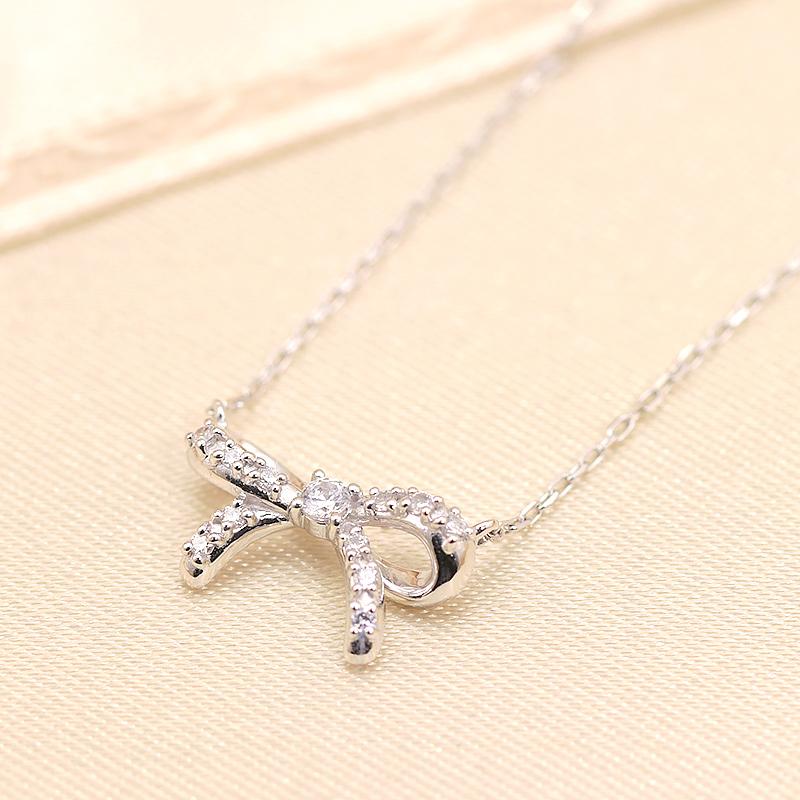K10YG/WG/PG ダイヤモンド 0.08ct 【Hカラークラス/SIクラス】ペンダント ネックレス 10金 ゴールド リボン プチ 選べる3カラーの画像