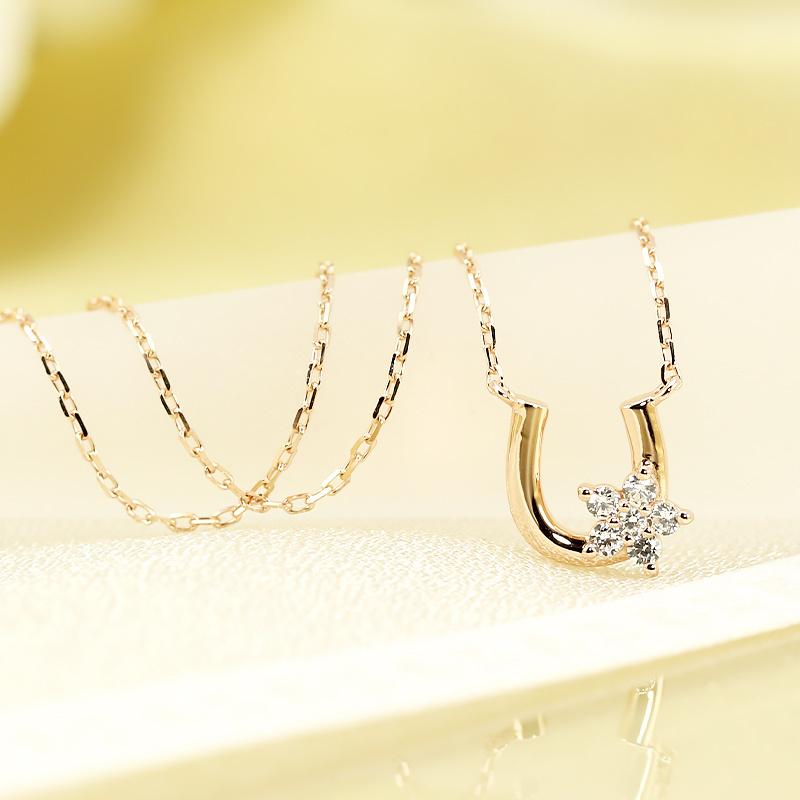 K18 YG/WG/PG ダイヤモンド 0.06ct 馬蹄 小花 ペンダント ネックレス ダイヤ ゴールド 18金 カラーは選べる プレゼント ギフト 記念日 クリスマス フラワーの画像
