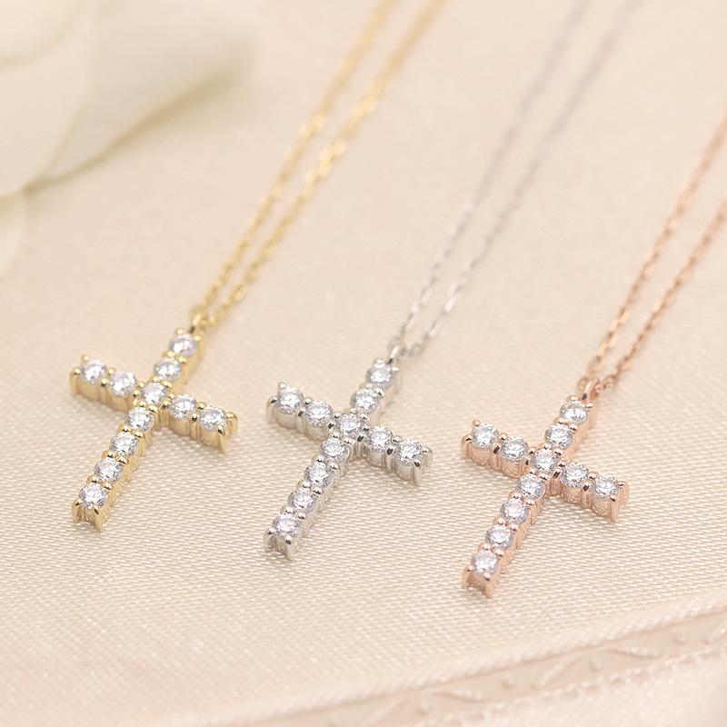 K10 YG/WG/PG ダイヤモンド 0.22ct ライン クロス ペンダント ネックレス ダイヤ ゴールド 10金 カラーは選べる プレゼント ギフト 記念日 クリスマス お守りの画像