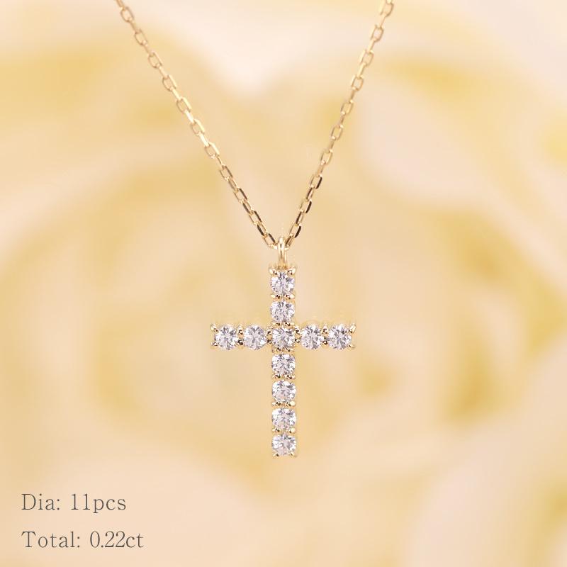 K10 YG/WG/PG ダイヤモンド 0.22ct ライン クロス ペンダント ネックレス ダイヤ ゴールド 10金 カラーは選べる プレゼント ギフト 記念日 クリスマス お守りの画像