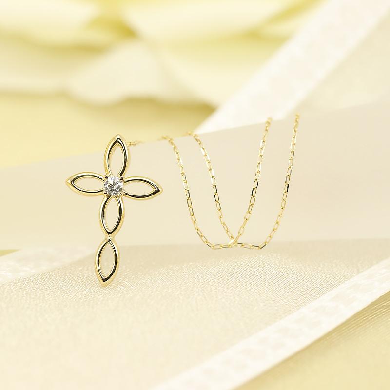 K18 YG/WG/PG ダイヤモンド 0.05ct クロス ペンダント ネックレス ダイヤ ゴールド 18金 カラーは選べる プレゼント ギフト 記念日 クリスマス お守りの画像