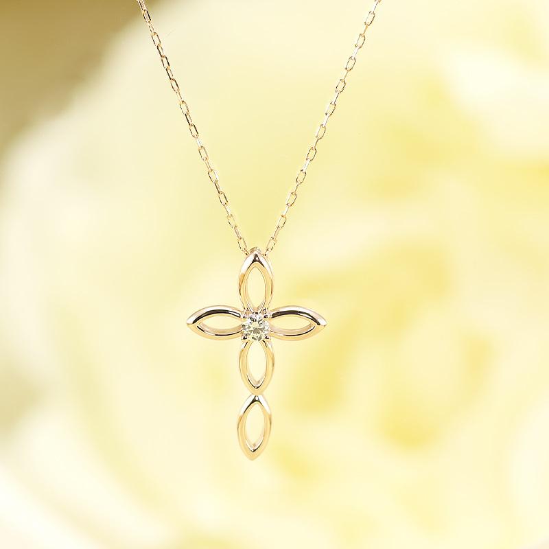 K10 YG/WG/PG ダイヤモンド 0.05ct クロス ペンダント ネックレス ダイヤ ゴールド 10金 カラーは選べる プレゼント ギフト 記念日 クリスマス お守りの画像