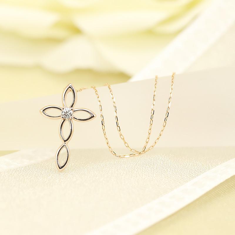 K10 YG/WG/PG ダイヤモンド 0.05ct クロス ペンダント ネックレス ダイヤ ゴールド 10金 カラーは選べる プレゼント ギフト 記念日 クリスマス お守りの画像