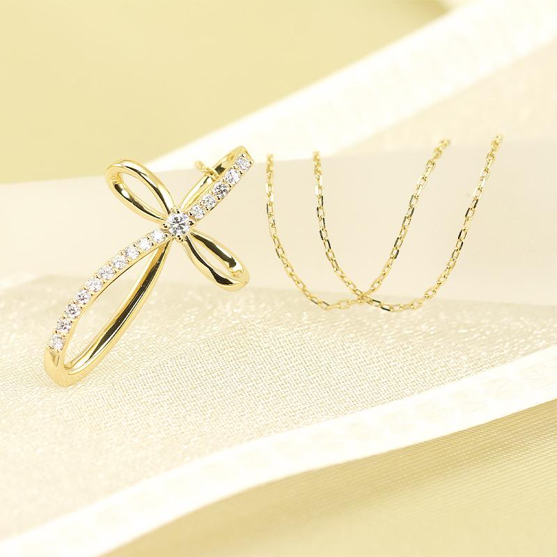 K18 YG/WG/PG ダイヤモンド 0.15ct クロス ペンダント ネックレス ダイヤ ゴールド 18金 カラーは選べる プレゼント ギフト 記念日 クリスマス お守りの画像