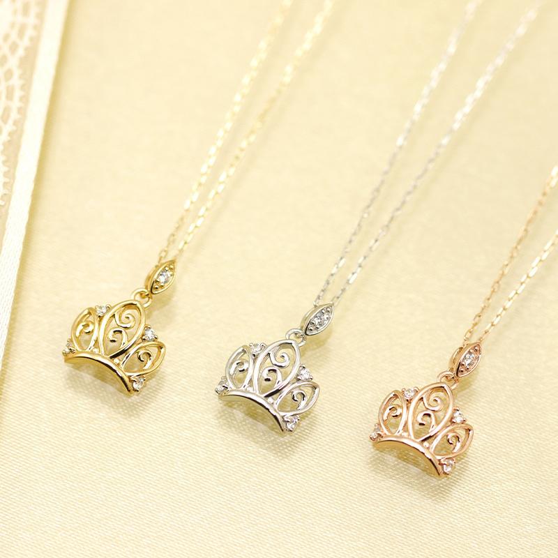 K10 YG/WG/PG ダイヤモンド 5pcs 0.03ct Hカラークラス/SIクラス クラウン ペンダント ネックレス ダイヤ ゴールド 10金 カラーは選べる プレゼント 記念日の画像