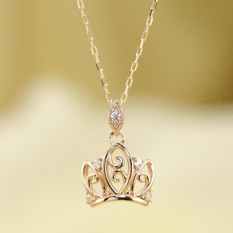 K10 YG/WG/PG ダイヤモンド 5pcs 0.03ct Hカラークラス/SIクラス クラウン ペンダント ネックレス ダイヤ ゴールド 10金 カラーは選べる プレゼント 記念日の画像