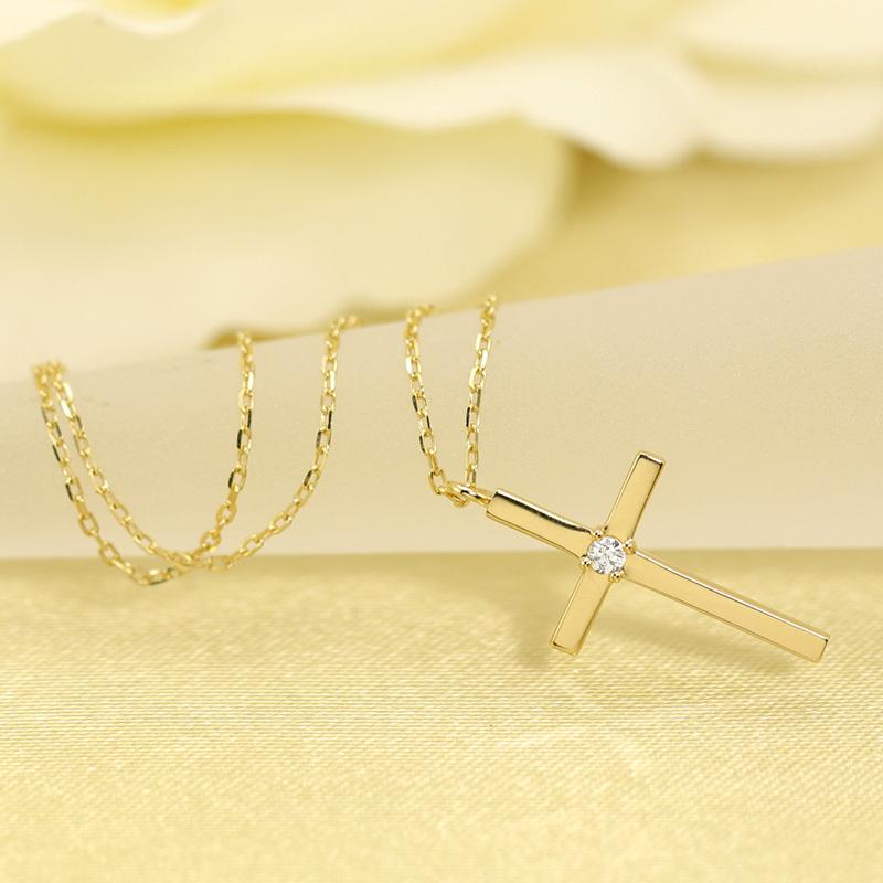 K10 YG/WG/PG ダイヤモンド 0.02ct クロス ペンダント ネックレス ダイヤ ゴールド 10金 カラーは選べる プレゼント ギフト 記念日 クリスマス お守りの画像