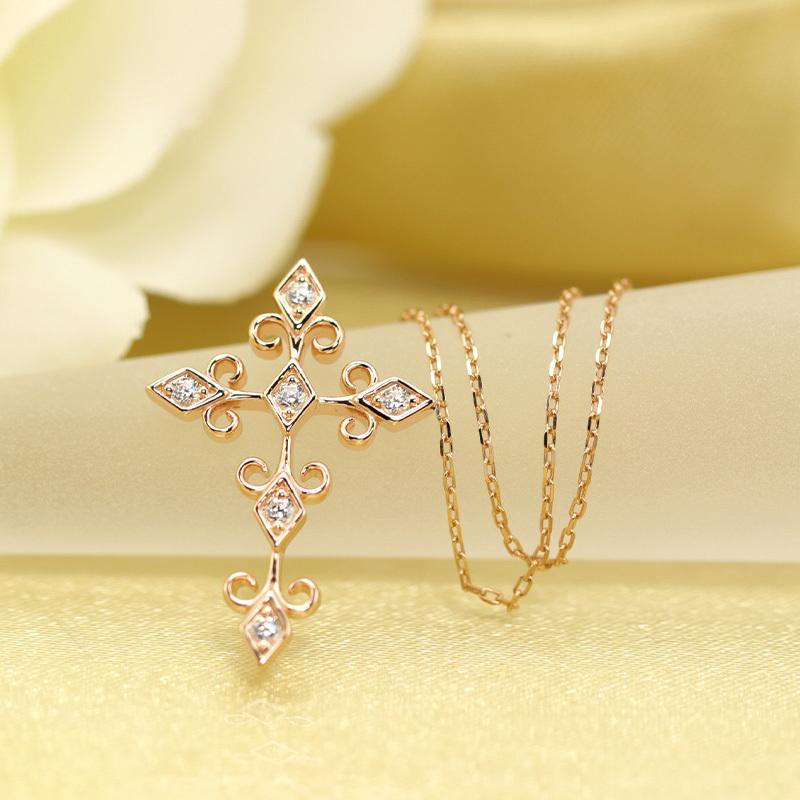 K18 YG/WG/PG ダイヤモンド 5pcs 0.07ct クロス ペンダント ネックレス ダイヤ ゴールド 18金 カラーは選べる プレゼント ギフト 記念日 クリスマス お守りの画像