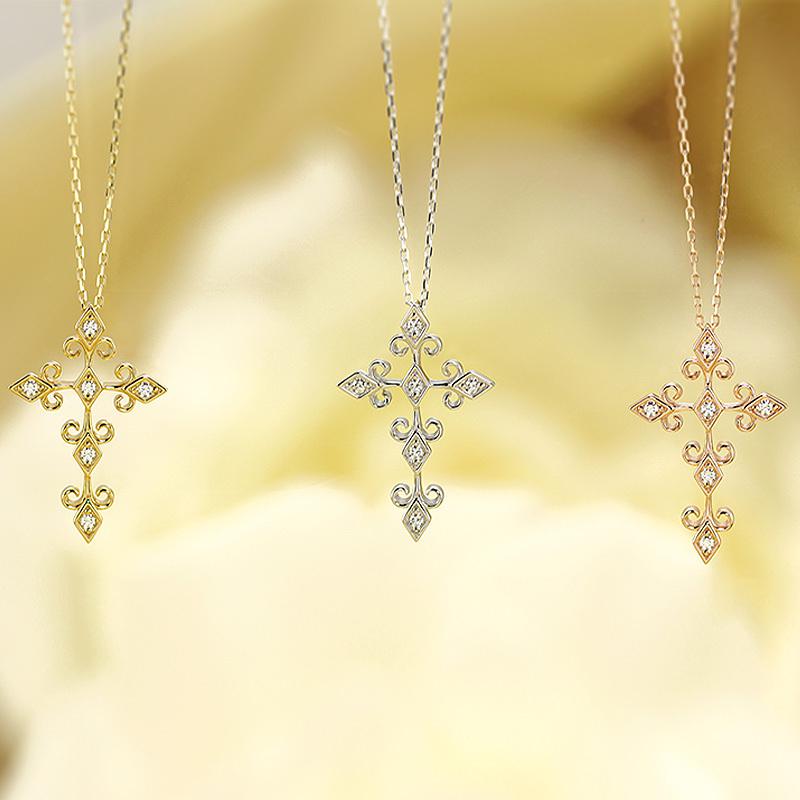 K18 YG/WG/PG ダイヤモンド 5pcs 0.07ct クロス ペンダント ネックレス ダイヤ ゴールド 18金 カラーは選べる プレゼント ギフト 記念日 クリスマス お守りの画像