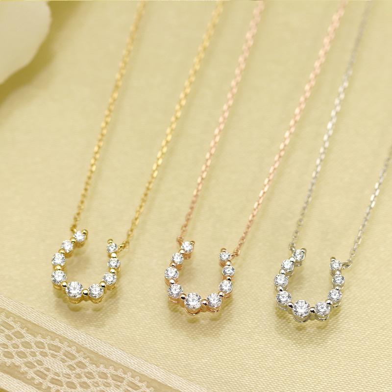 K18 YG/WG/PG ダイヤモンド 9pcs 0.22ct 馬蹄 ペンダント ネックレス ダイヤ ゴールド カラーは選べる 18金 プレゼント ホースシュー クリスマス お守りの画像