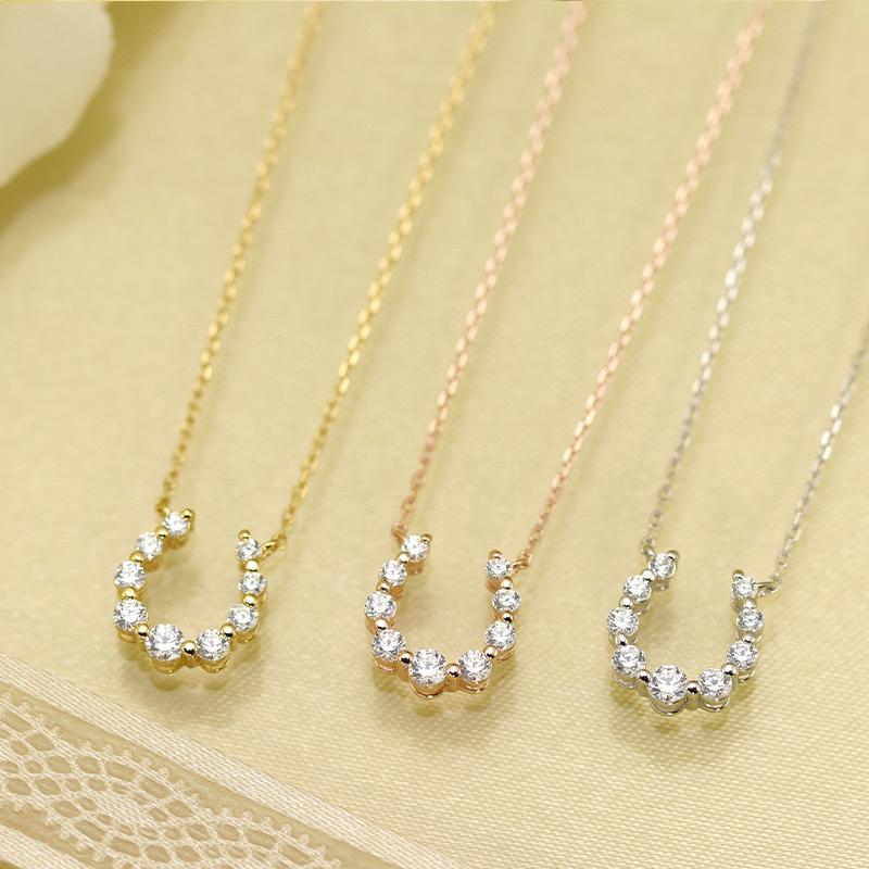 K10 YG/WG/PG ダイヤモンド 9pcs 0.22ct 馬蹄 ペンダント ネックレス ダイヤ ゴールド カラーは選べる 10金 プレゼント ホースシュー クリスマス お守りの画像