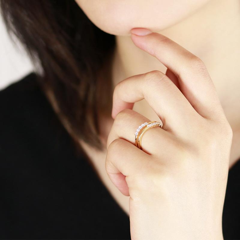 K18 WG/PG/YG テンダイヤモンド 重ね付け風 ウェーブリング  0.25ct ダイヤ 指輪 10ダイヤ 10周年 記念日 ゴールド HカラーSIクラスの画像