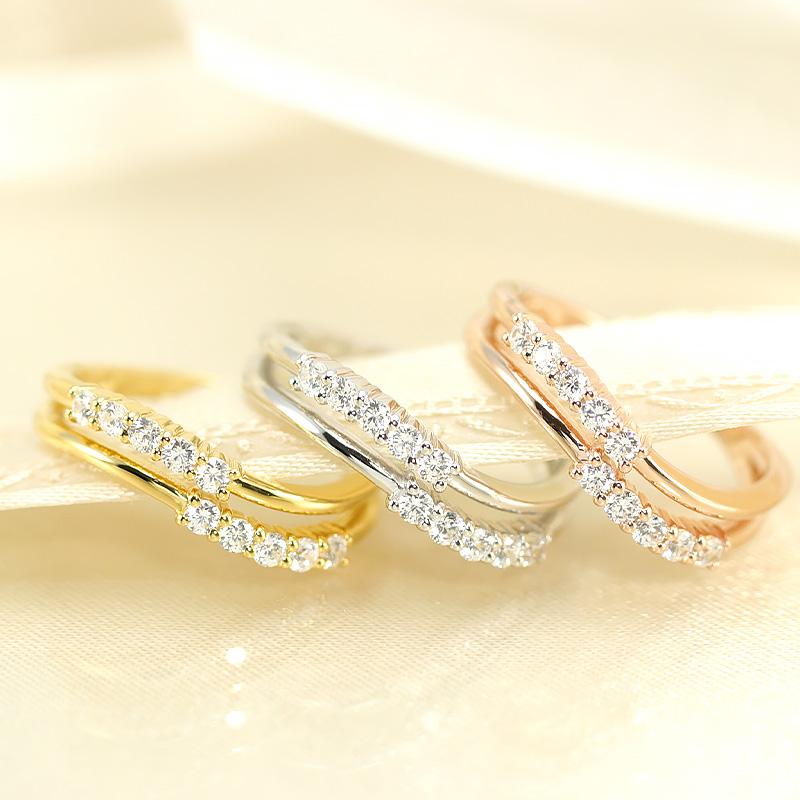 K18 WG/PG/YG テンダイヤモンド 重ね付け風 ウェーブリング  0.25ct ダイヤ 指輪 10ダイヤ 10周年 記念日 ゴールド HカラーSIクラスの画像