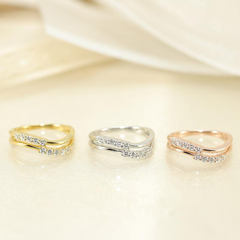 K10 WG/PG/YG テンダイヤモンド 重ね付け風 ウェーブリング  0.25ct ダイヤ 指輪 10ダイヤ 10周年 記念日 ゴールド  HカラーSIクラスの画像