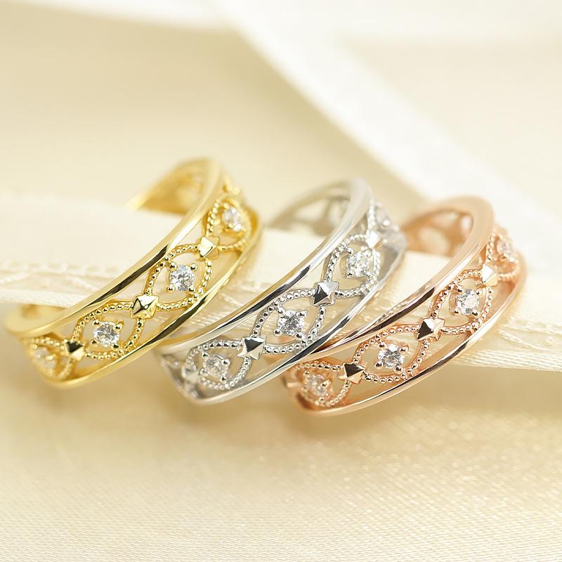 K10 WG/PG/YG ダイヤモンド レースリング クラシカル  0.12ct ダイヤ 指輪 ゴールド 記念日 プレゼントの画像