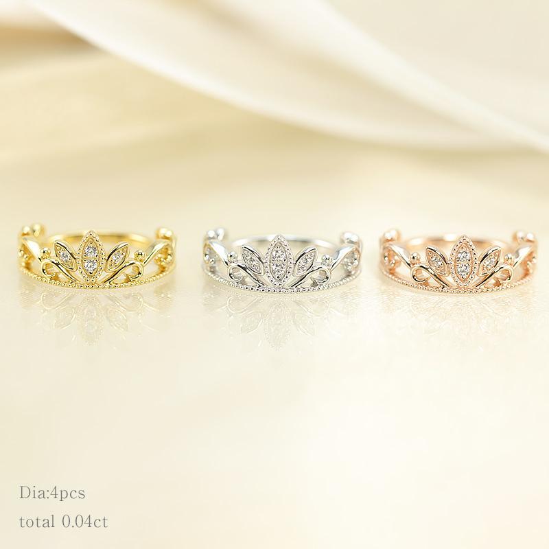 K10 WG/PG/YG ダイヤモンド ティアラ リング 王冠 クラウン 0.04ct ダイヤ 指輪 ゴールド 記念日 プレゼントの画像