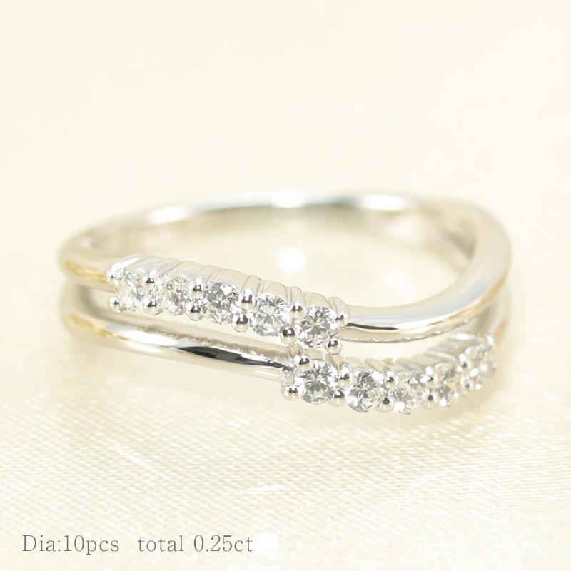 プラチナ pt950 テンダイヤモンド 重ね付け風 ウェーブリング  0.25ct ダイヤ 指輪 10ダイヤ 10周年 記念日の画像